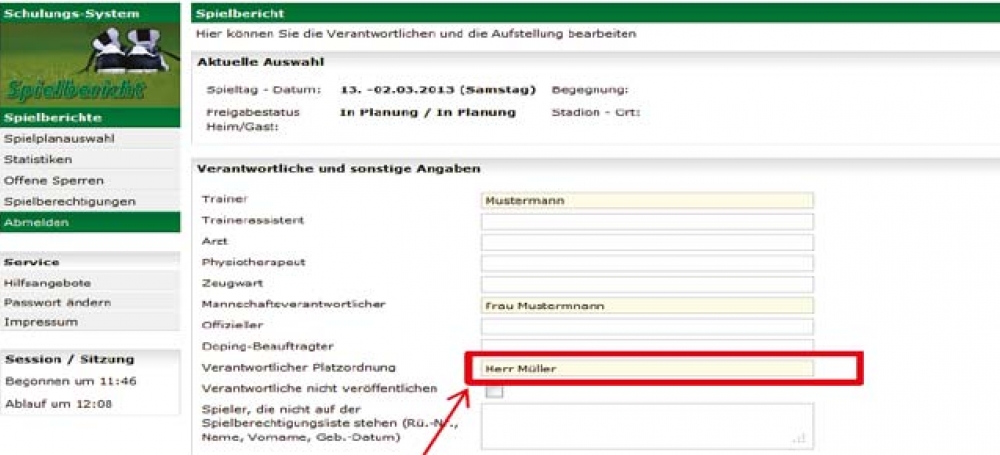 Das Feld "Verantwortlicher Platzordnung" muss ausgefüllt werden.